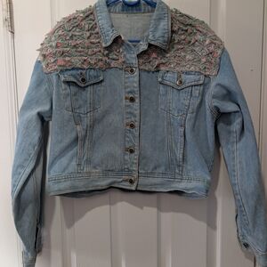 Embroidered Denim Jacket - Blue and Pink